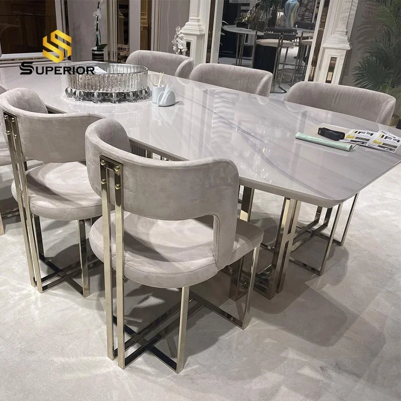 2023 wholesale Elegant modern dining table stainless steel table base for glass dining room furniture table set 8 chairs