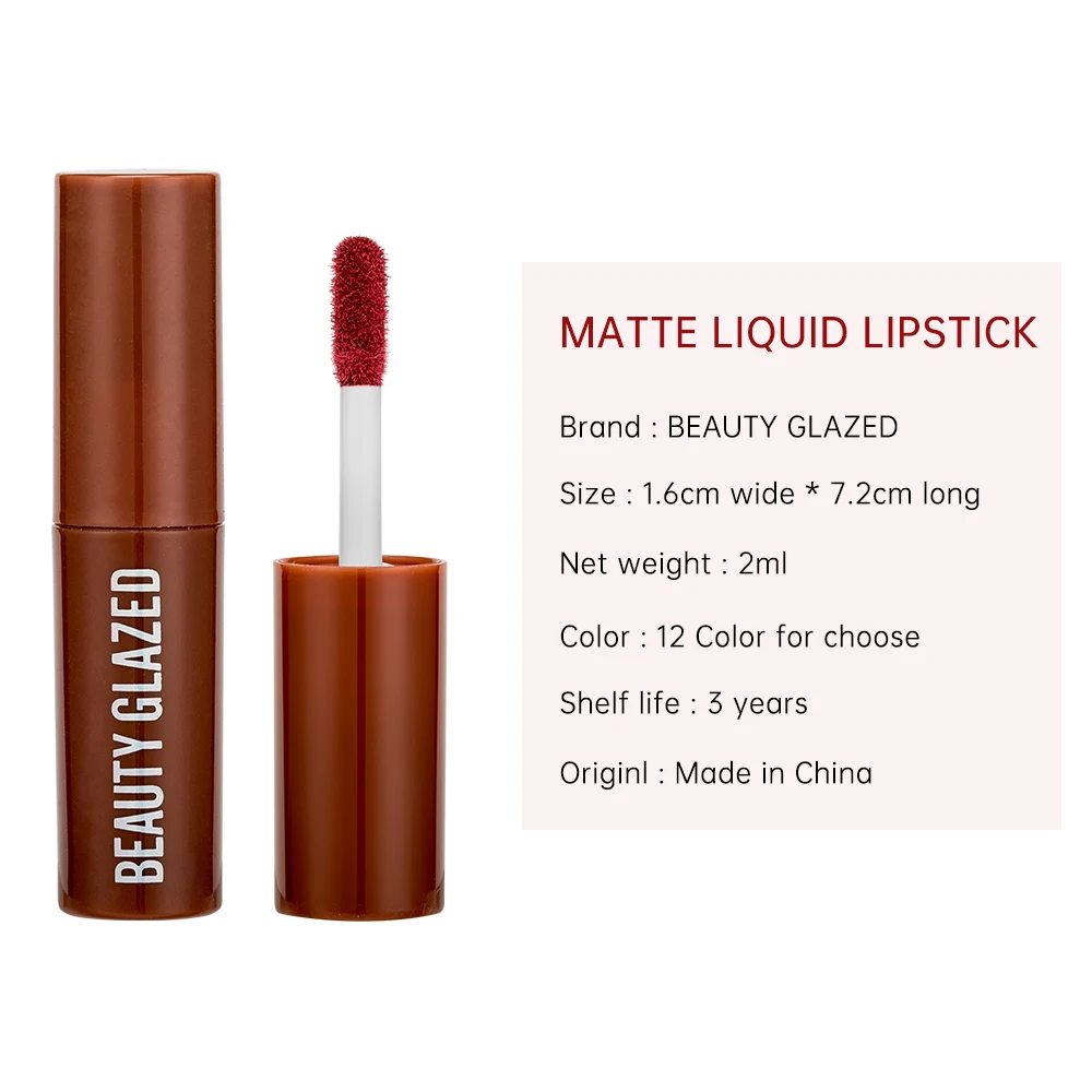 BEAUTY GLAZED 12-color Chocolate Lipstick Lip Glaze  Water Glossy Glass Velvet Matte Matte Air Lip Glaze Lip Gloss