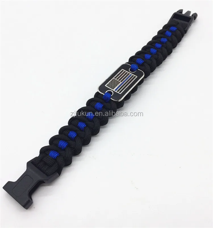 New design thin blue line survival paracord bracelet flag charm bracelet with adjustable buckle