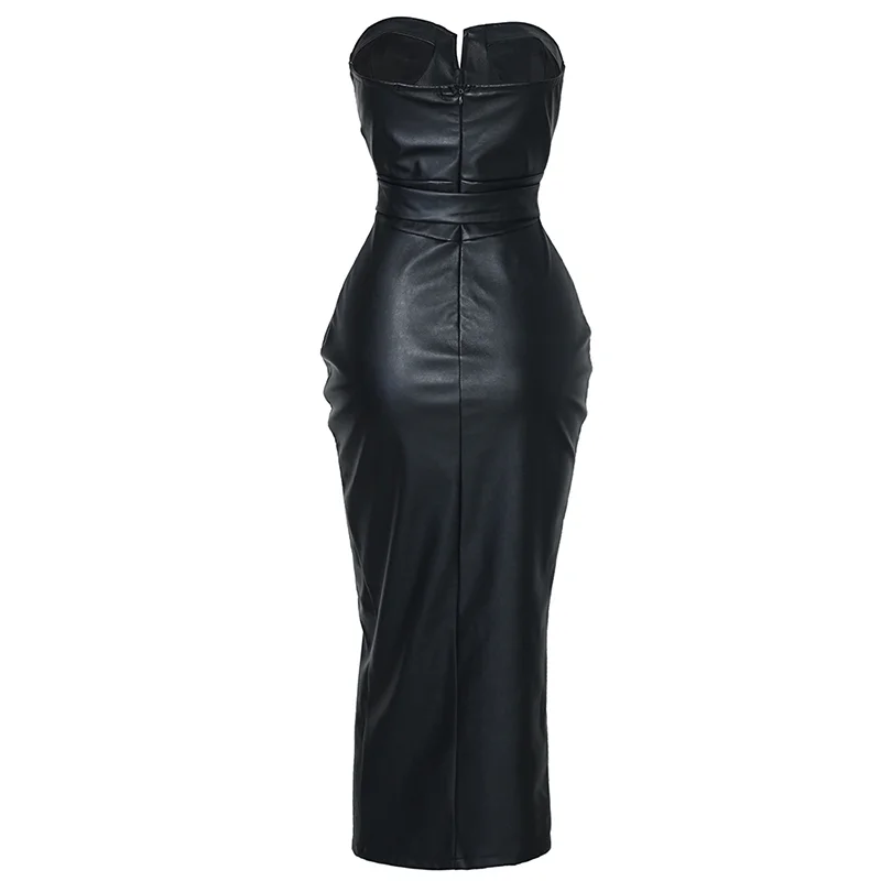 Hot Sale Strapless Black PU Leather Maxi Dress Sexy Backless Tight Evening Dress Outfits Sexy Bodycon PU Leather Club Dresses