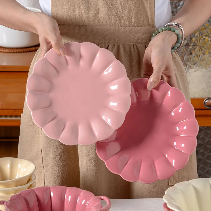 French Pink Rice Bowl And Dinner Plate Set Household Large Capacity Deep Plate Rice Cereals Bowl Romantic Style Tableware