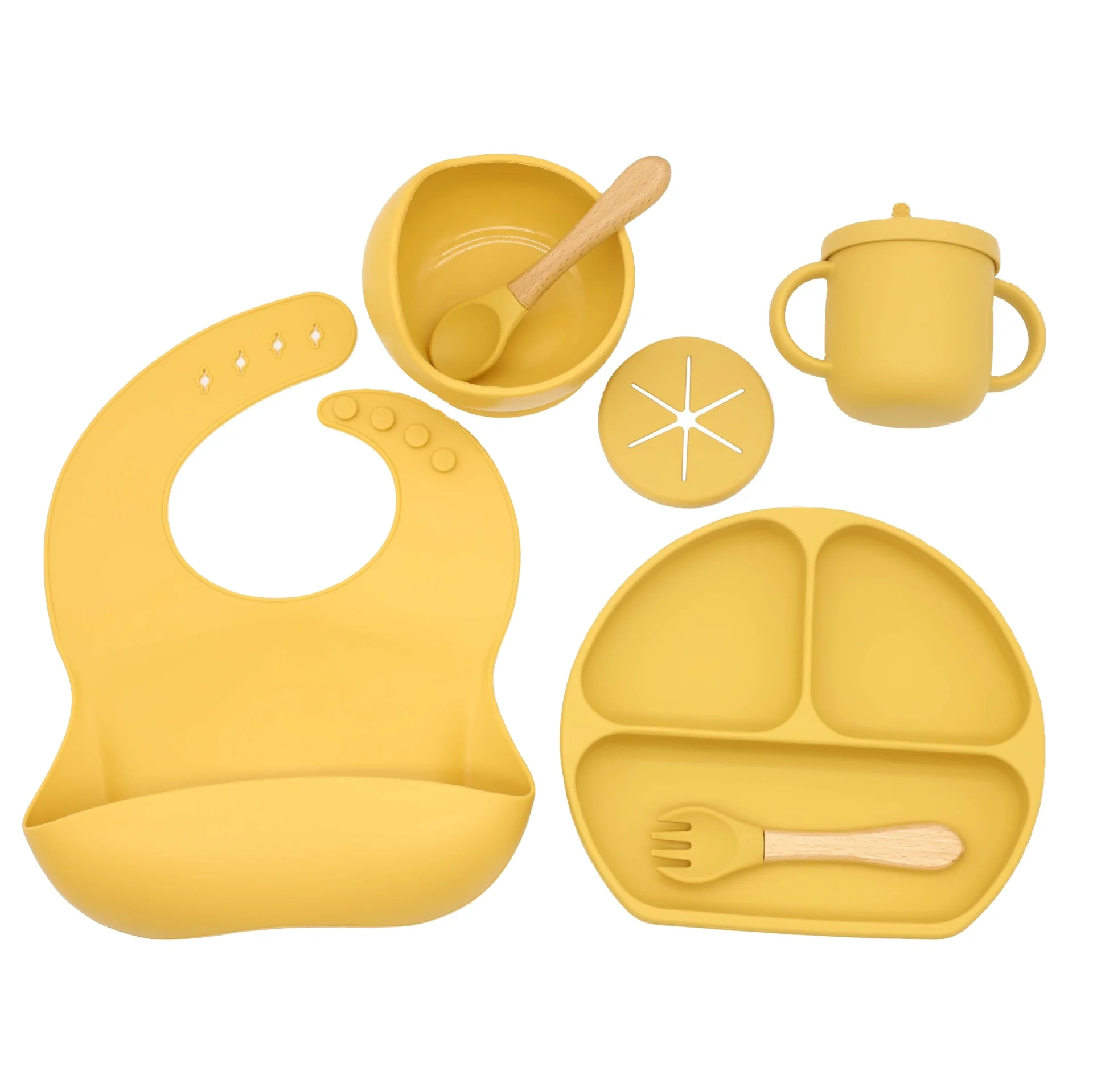 Food safe fashion Baby toddler kids Feeding plate Set silicone bib mold Plates Bowls Spoons eating utensils for toddler