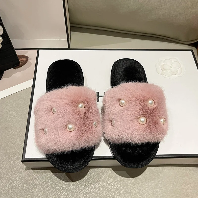 New Design Open toe Indoor women winter warm shoes slides plush flat slipper Beauty Cute fur slippers