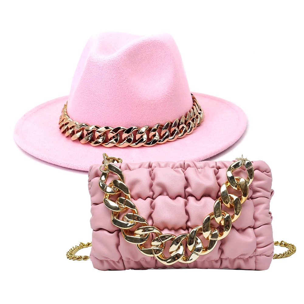 2022 Ladies Small Square Hand Purses Girl Metal Chain fedora hats and purse set Shoulder Bags Quilted PU Leather Handbags Women