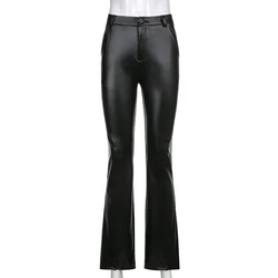 new designs PU faux leather ladies flare pants elastic materials high waist