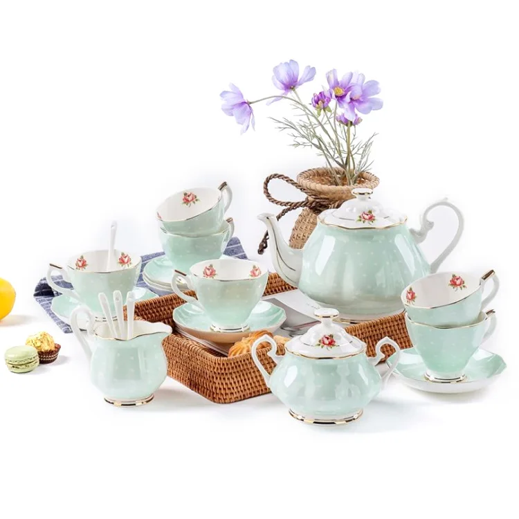 Wholesale Bone China Coffee Set European Floral Vintage Tea Cup Gold Rim Porcelain Cup Kettle Saucer 15pcs Set