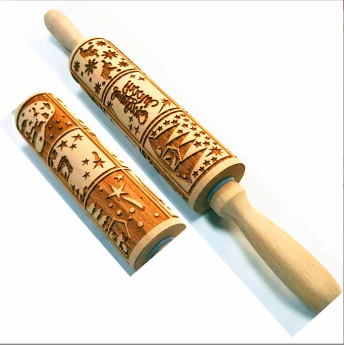 Wooden rolling pin beech laser engraving printing rolling pin embossing rolling skin Christmas fondant cookie pressing stick
