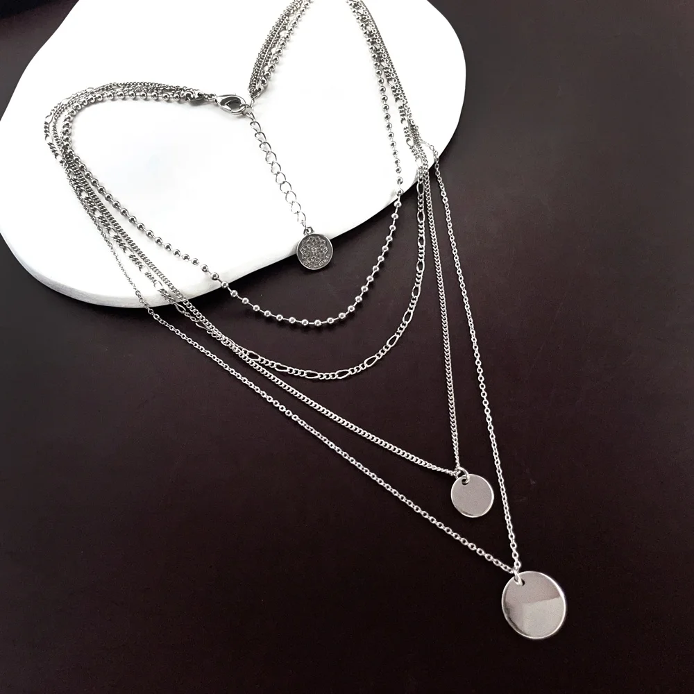 Fashion women accessories China factory custom logo name Blank coin Pendant multi layer triple chain necklace