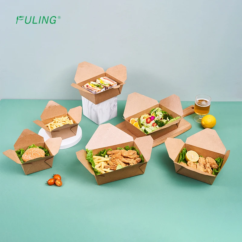 FULING Disposable Take Out Boxes Food Containers Microwavable Kraft Brown Paper To Go Box Grease proof Lunch Box