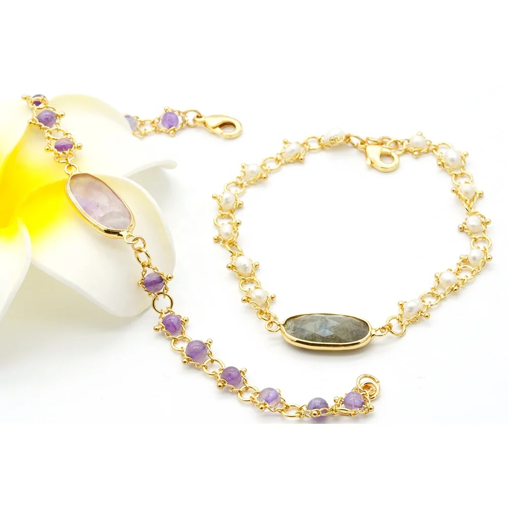 Wire Wrapped Natural Stone Bracelet Adjustable, Gold Bracelet Women Jewelry