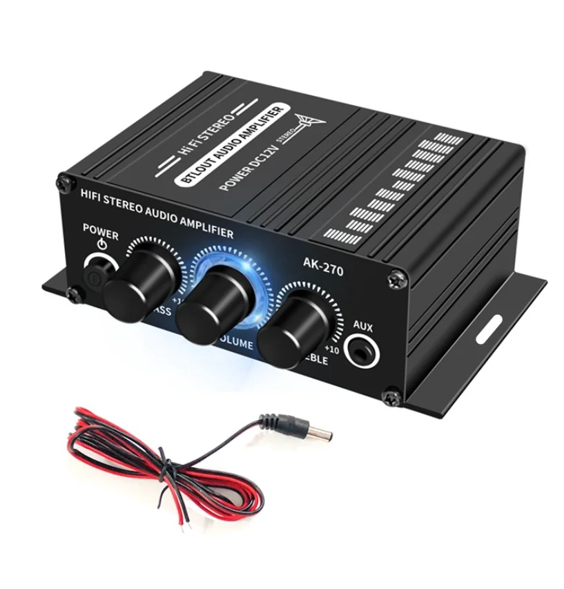 AK270 Mini Audio 2-Channel Stereo Power Amplifier Portable Sound AUX Input Speaker Amp for Car and Home with DC Cable