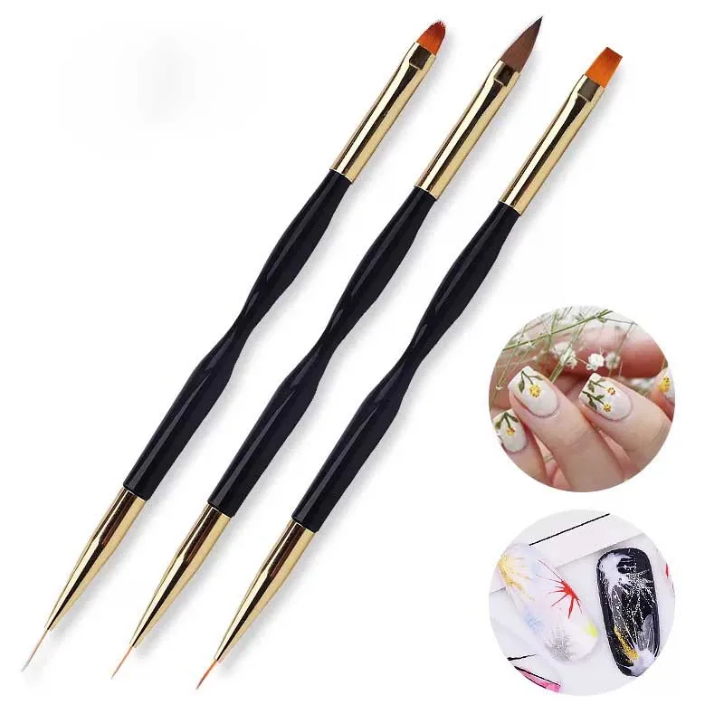 Professional 3pcs Acrylic Nylon Fine Liner Gel Striping Double Side Nail Art Brush