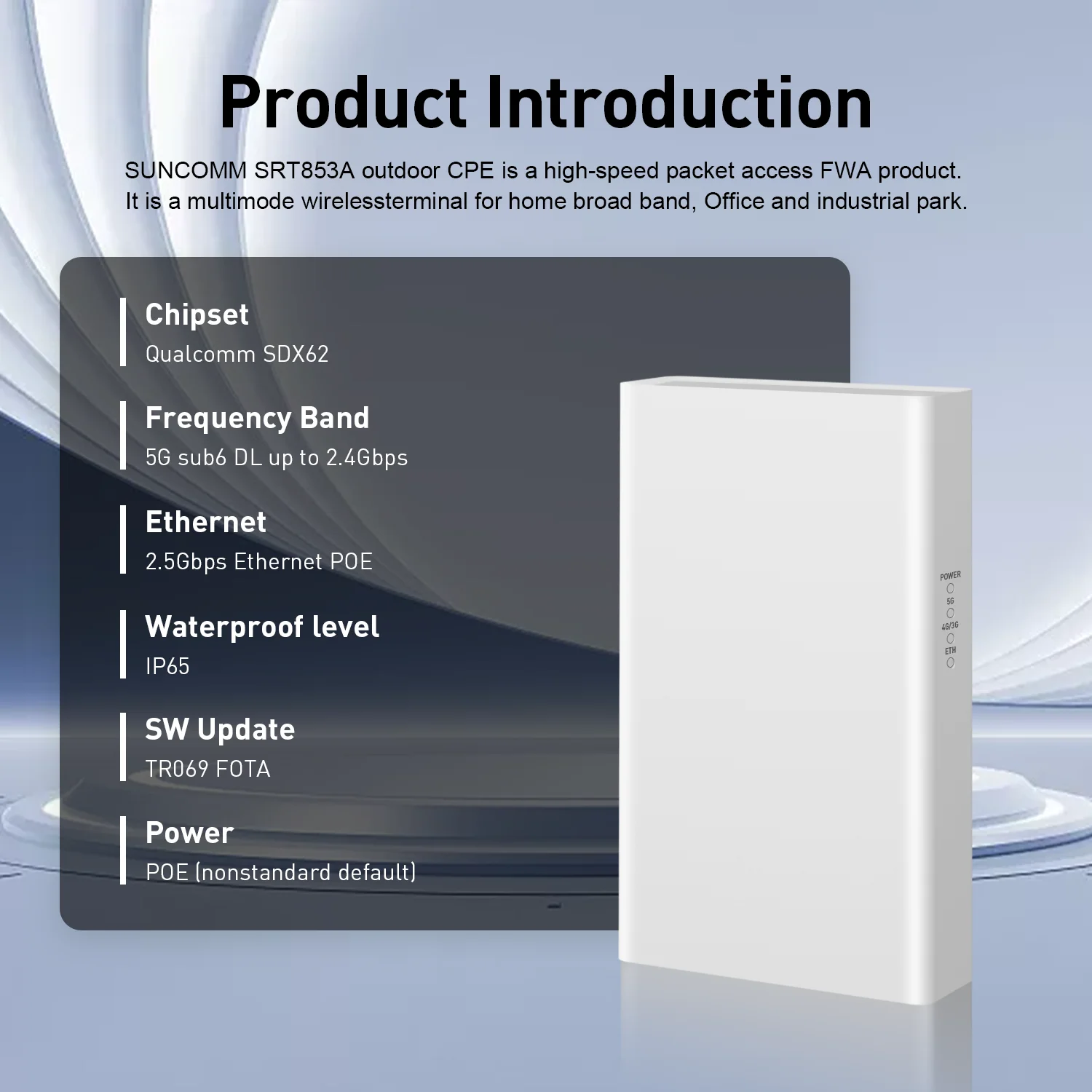 New SUNCOMM SRT853A 4G 5G Outdoor CPE 2.5Gbps LAN POE power supply ODU Waterproof IP65 FWA Wireless Outdoor CPE