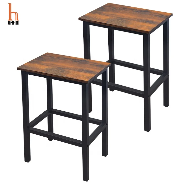 Industrial furniture bar stool set of 2 solid metal frame with wooden top stools for bar and pub