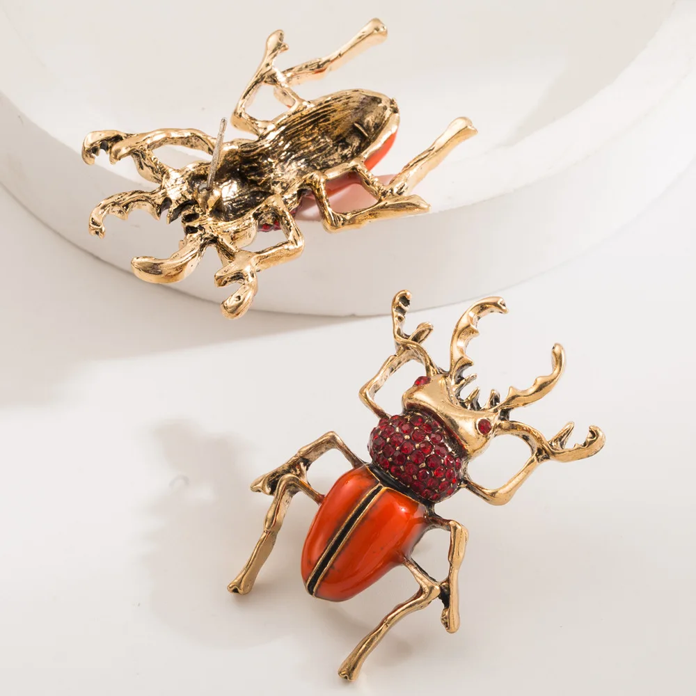 Vintage Retro Beetle Jewelry Set Rhinestone Oil Drop Simulation Insert Unisex Jewellery Earrings Necklace with Snake Chain