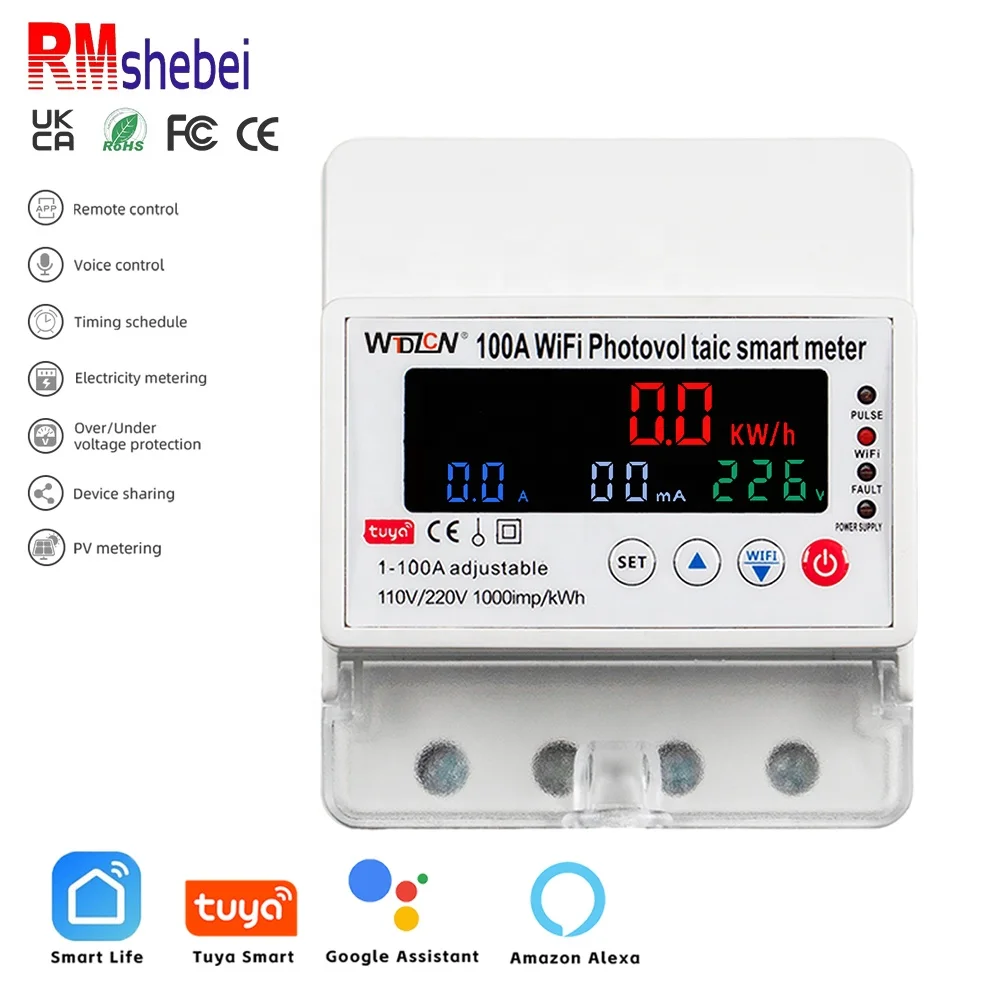 RMshebei tuya 4P 100A miniature circuit breaker smart switch wifi mcb 63A electricity meter digital lcd 220v voltage monitoring