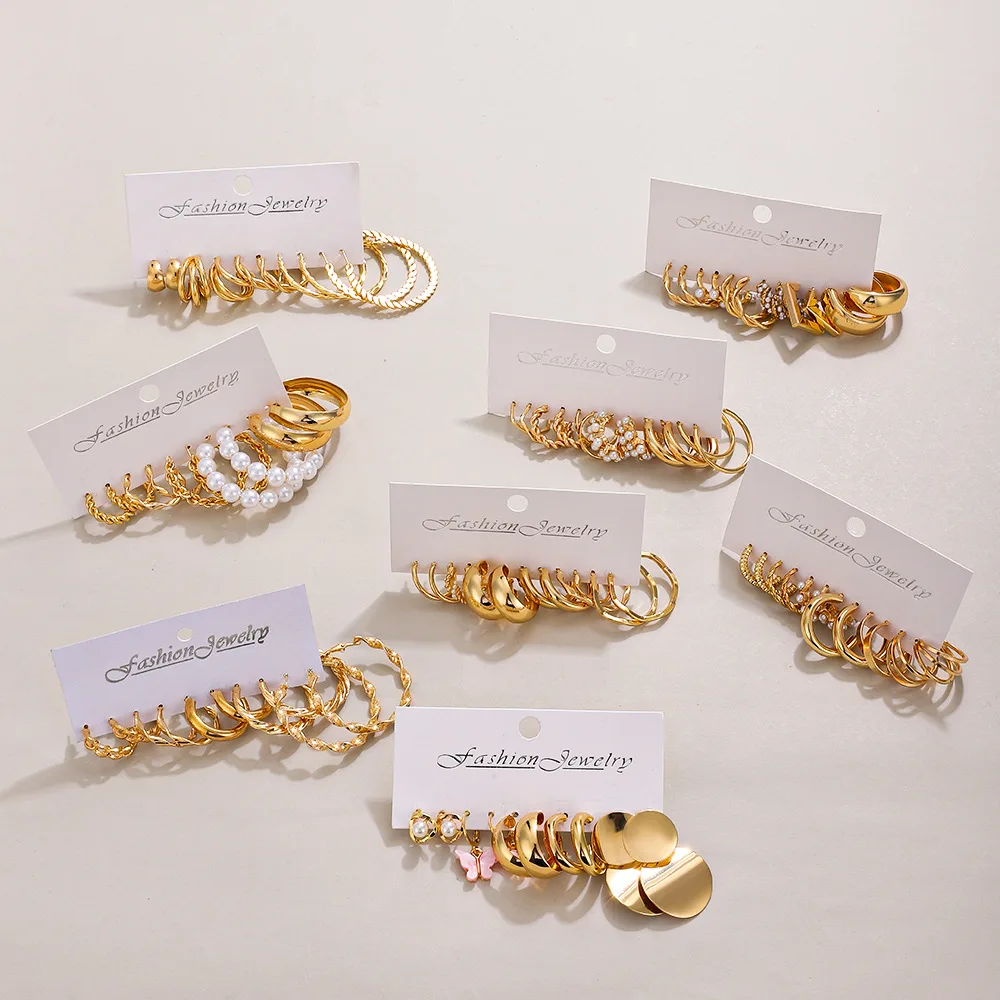 Woying Wholesale Hot Selling 6 Pairs Set High Quality Mixed Style Zircon Pearl Twist Heart Butterfly Drop Hoop Earring Jewelry