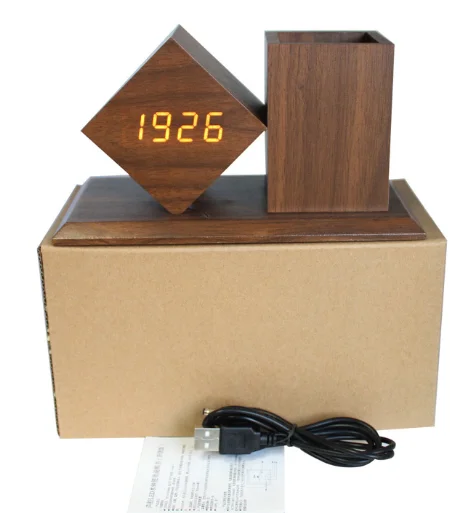 New wooden LED time display temperature display LED voice controlled alarm clock with pen holder