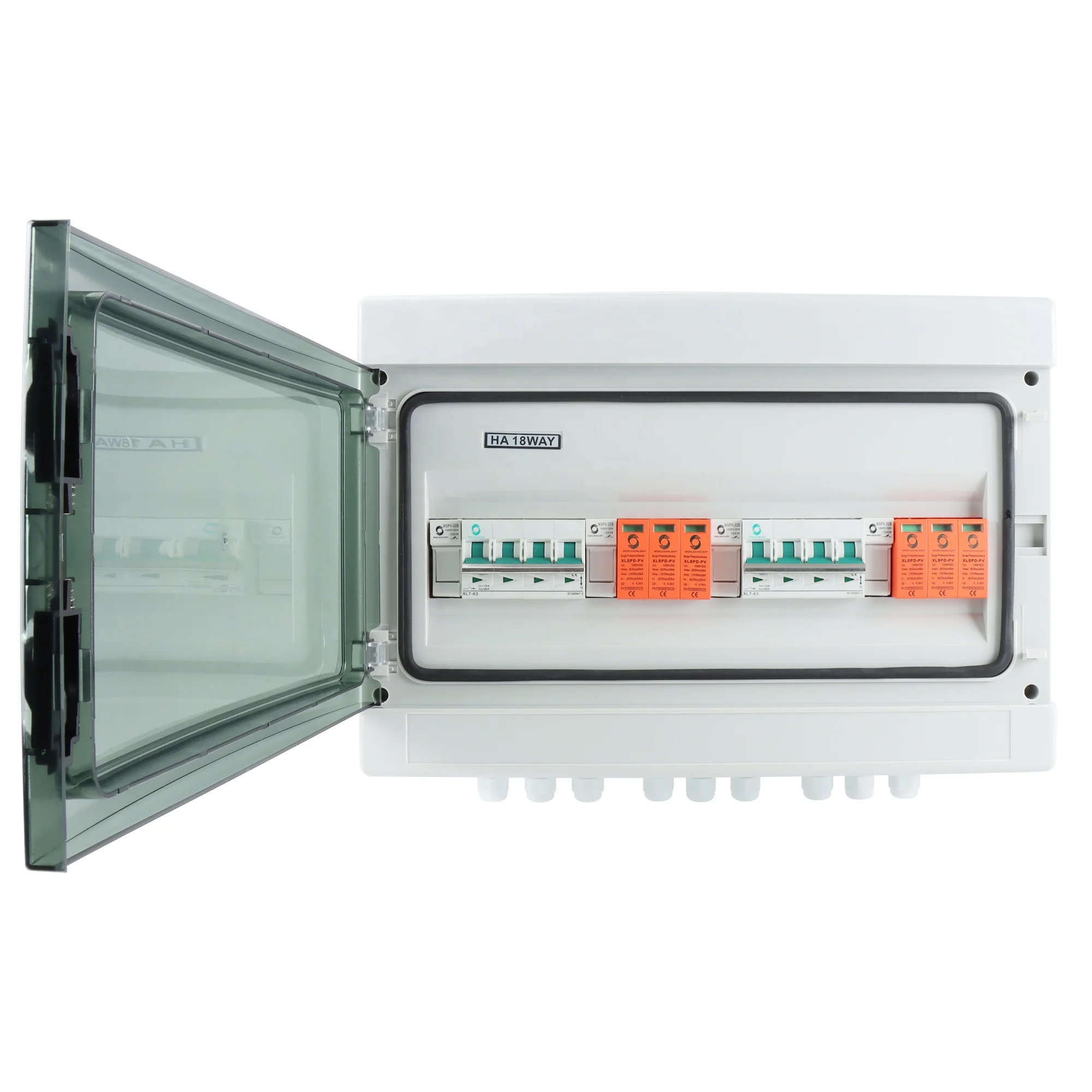 CE Worldsunlight WSDB-PV2/2 IP65 2 IN 2 OUT 2 Strings 15A 16A 20A 32A 1000V DC Solar PV Array Combiner Box With ALL CABLE GLAND