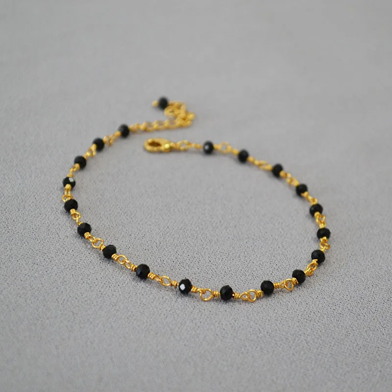 Elegant Jewelry Bracelets Fine Jewelry Brass Gold Plated Link Black Spinel Beaded Bracelet