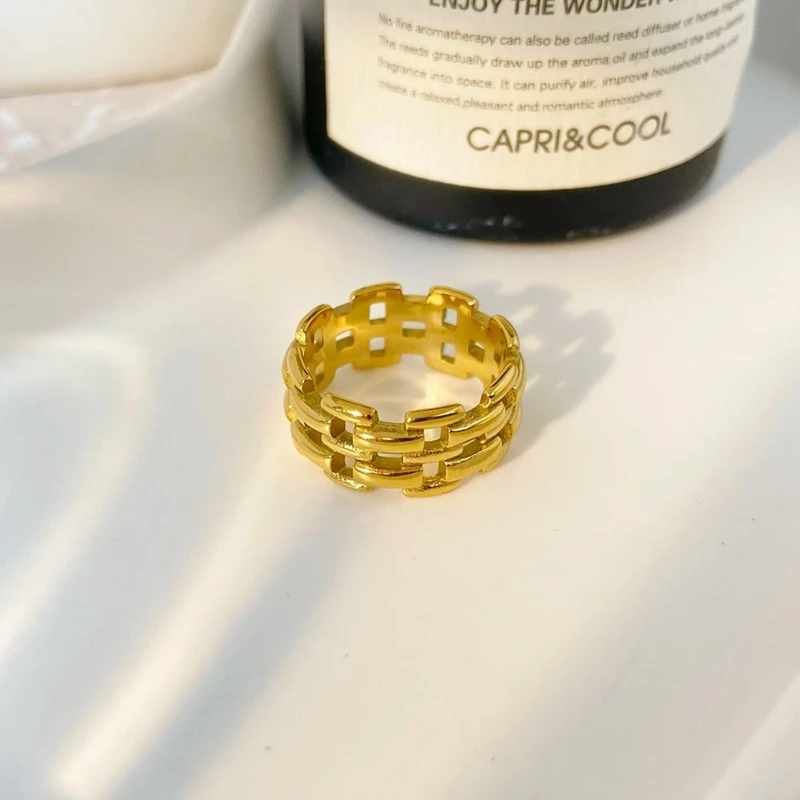 Minimalist Vintage 18K PVD Gold Plated Stainless Steel Ring Hollowed Bars Design for Wedding Engagement or Gift in 2024