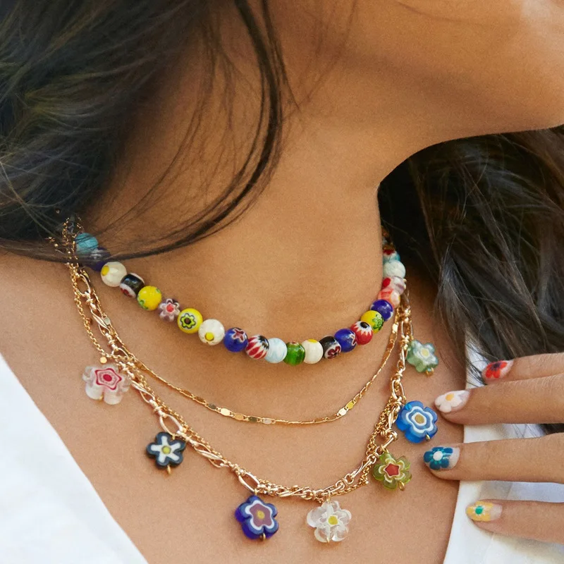 2020 Hot Accessories Beach Natural Stone Necklace Flower Color Glass Bead Long Sweater Chain Necklace