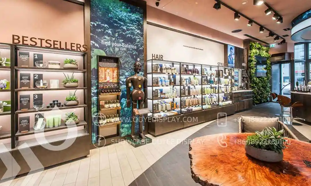 Custom Wood Showcase for Cosmetic Store Perfume Display Glass Shelves And Lockable Counter With Drawer and Storage