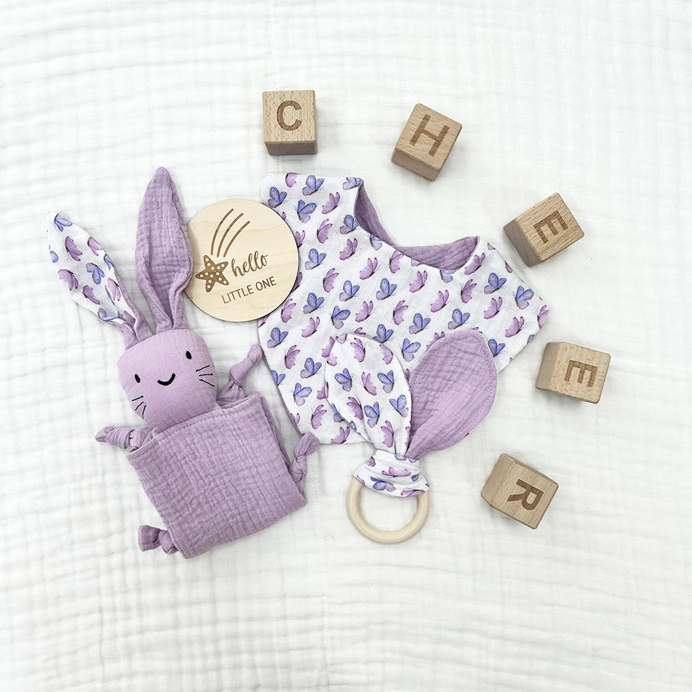 CHEER Soft Muslin Organic Cotton Baby Stuffed Animal Bunny Security Comforter Toy Blanket Set For Babies Gift Set