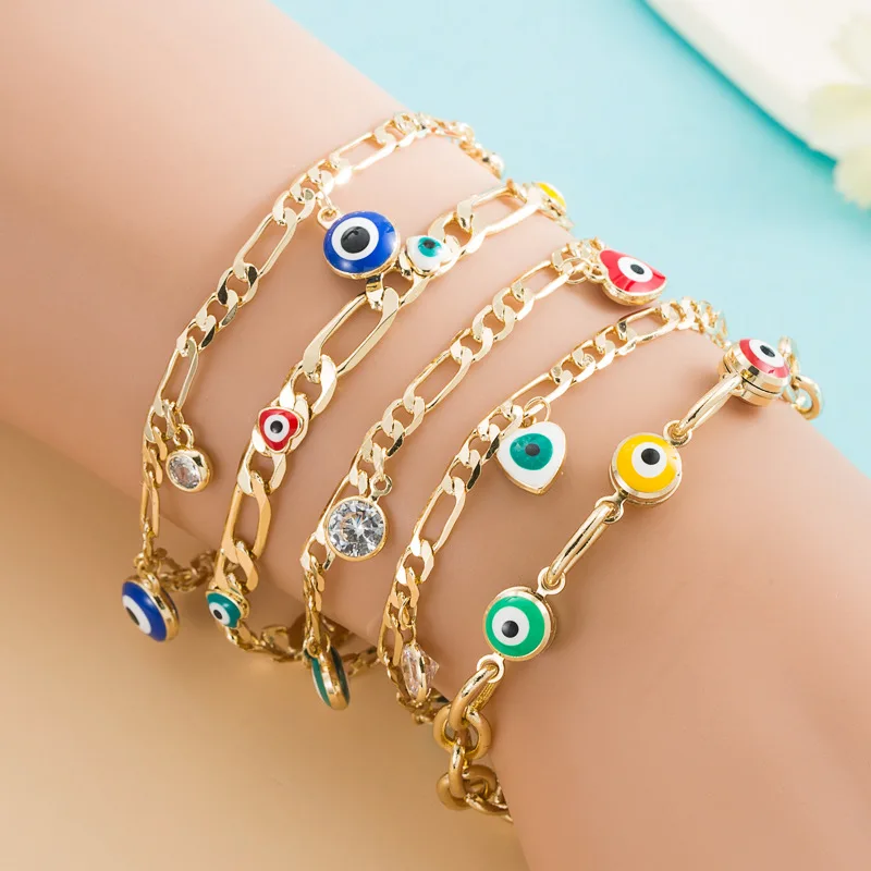 Hot Sale 14K Real Gold Plated Round Devil Eyes Women Bracelets Dripping Oil Love Heart Evil Eyes Figaro Chain Bracelet
