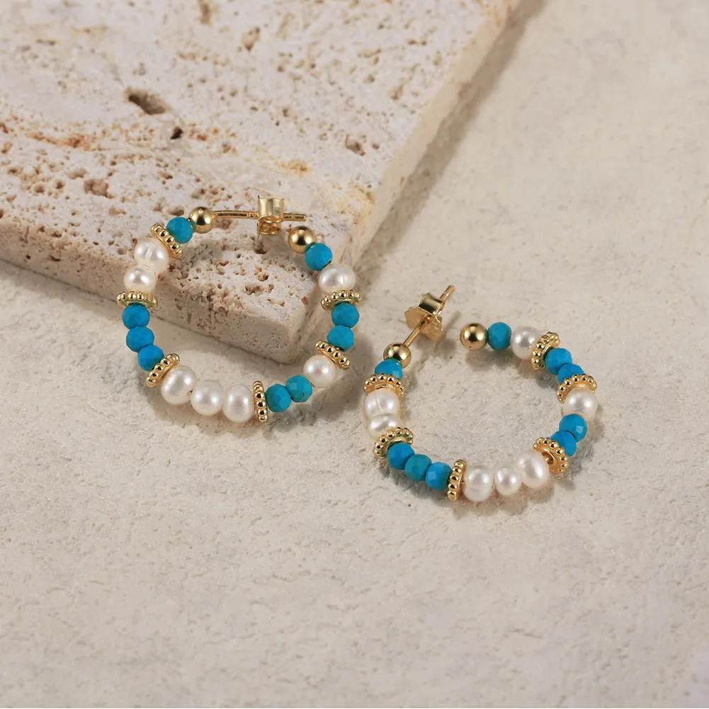 RINNTIN MPE01 Wholesale Silver Earrings 925 Sterling Women Huggie Boho Freshwater Pearl Turquoise Natural Stone Hoop Earrings