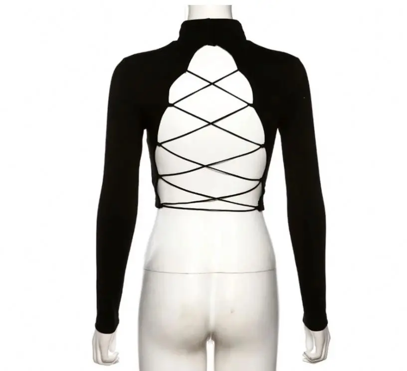 Fashion Sexy Black Backless Ladies Tops Halter Long Sleeve Fall Tops For Women  T1155