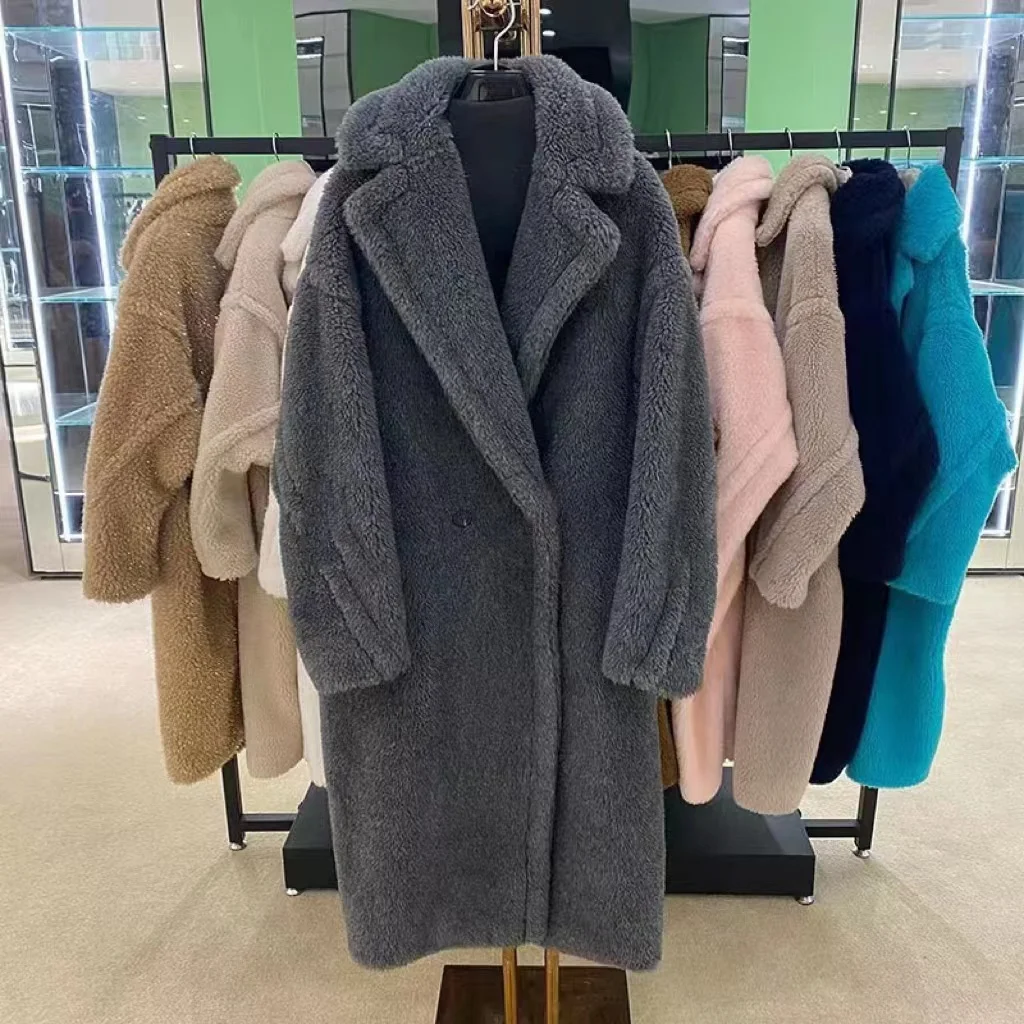 Office Lady style thick material long style faux teddy fur coat