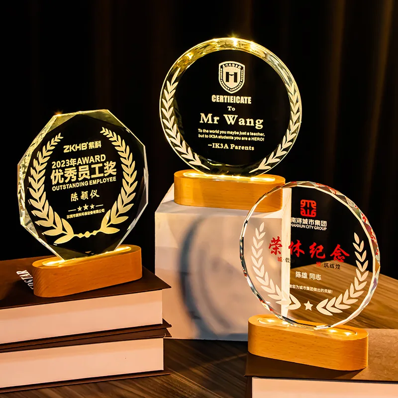 Honor of Crystal Creative Excellent Staff Competition Luminous Glass Awards Solid Wood K9 Blank Crystal Glass Custom LED Trophy