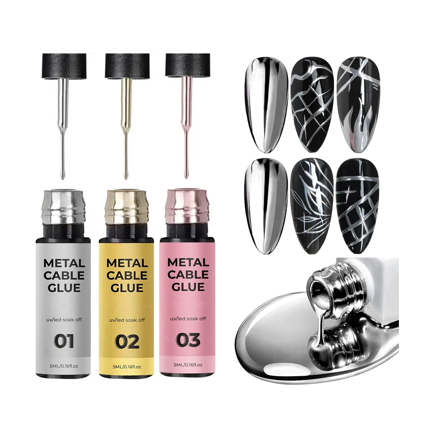 Wholesale Hot Sale Price Nail 5Ml Silver Rose Golden Series Metal Wire High-Density Hook Edge Color Painting Glue Metal Glue