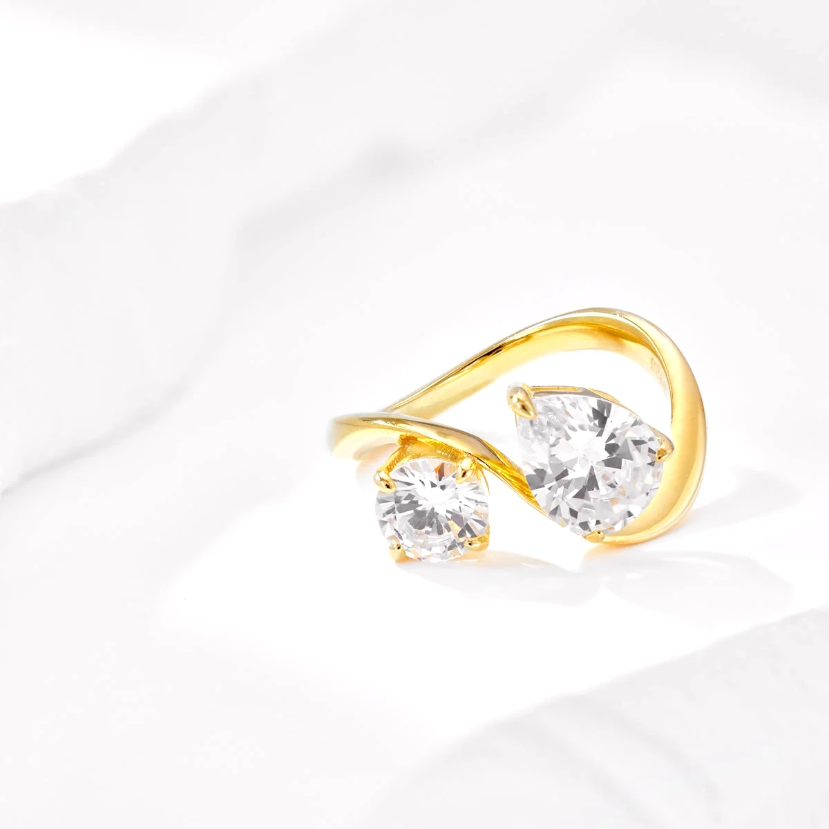 Solid S925 Silver 18K Gold Plated Curve Round & Pear Two Stone Engagement Ring