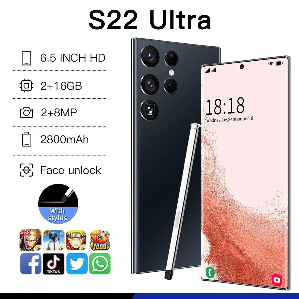 Smartphone S22 Ultra 3G 6.5 inch MTK6580P Full Screen 2GB+16GB Android Mobile Phones With Face ID Original Unlocked Cell Phone