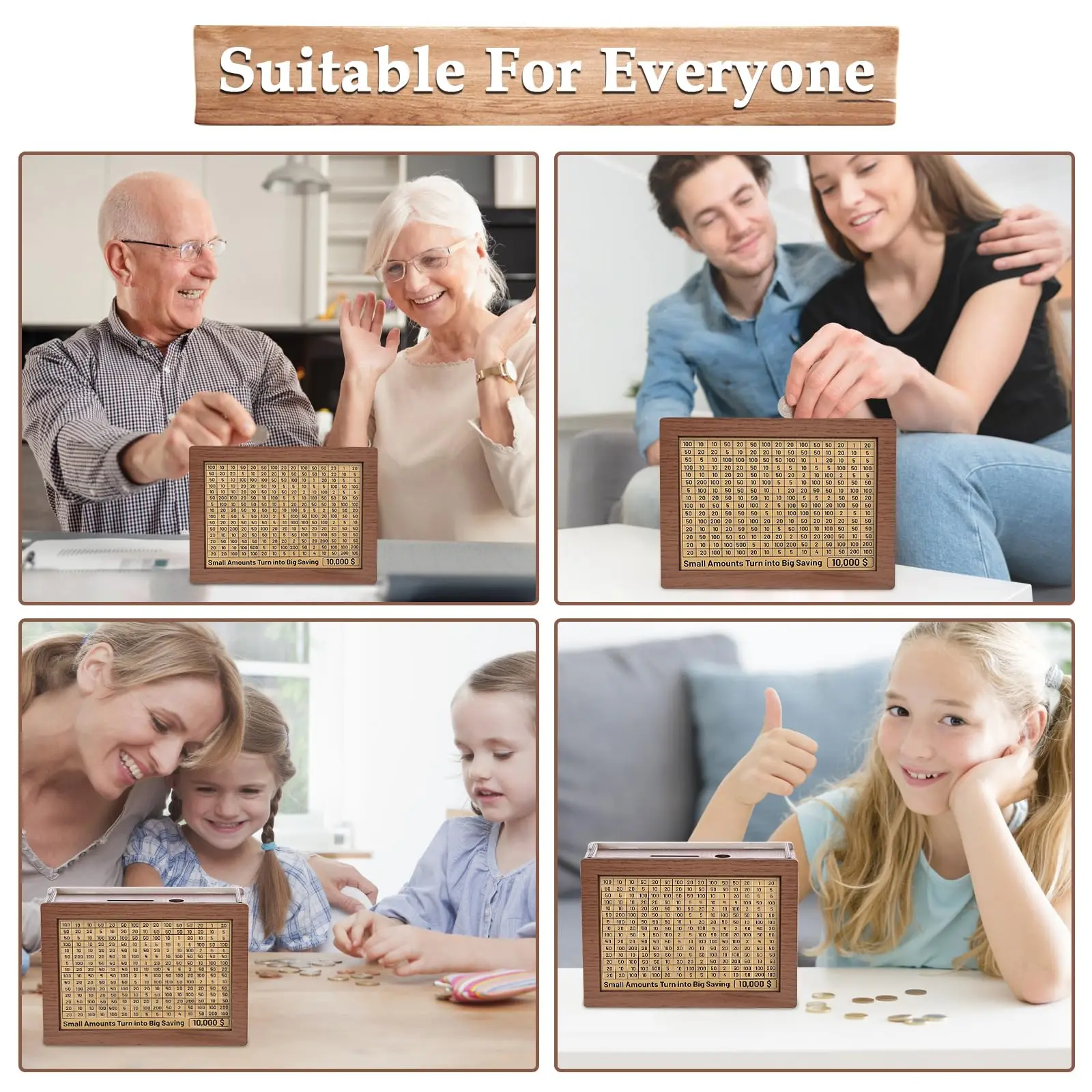 Wooden Adult Money Saving Box with Dry Erase Pen 10000 5000 3000 2000 1000 500 Challenge Money Banks Blank Savings Trackers