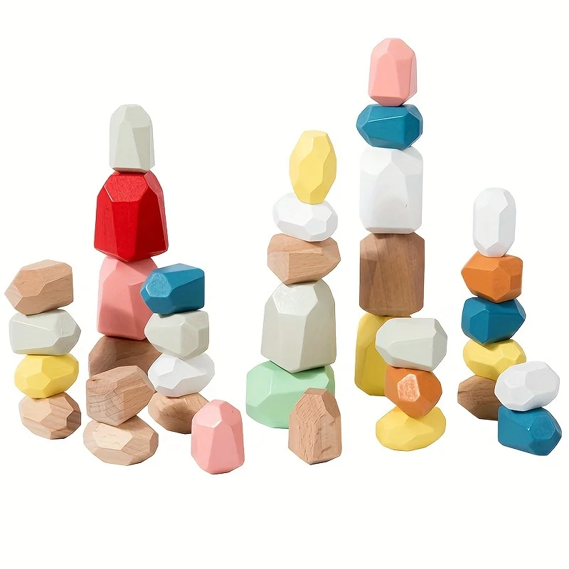 Educational Toys Multicolor Wooden Stacking Toddler Balancing Blocks Wooden Building Blocks Rocks Stones Preschool Montessori