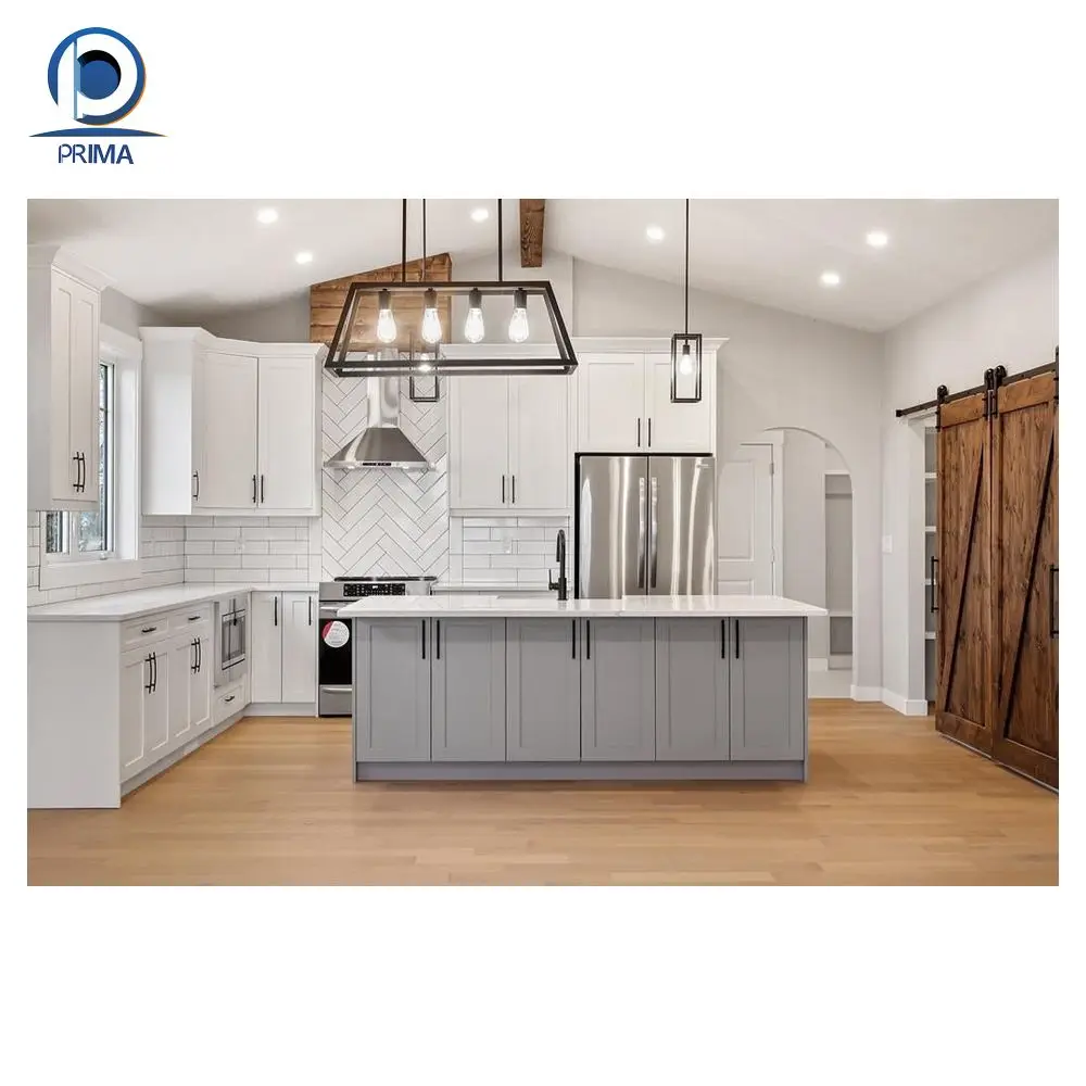 PRIMA Industry White Colored Glossy Frameless MDF Wood Shaker Slab Modular Kitchen Cabinets Set