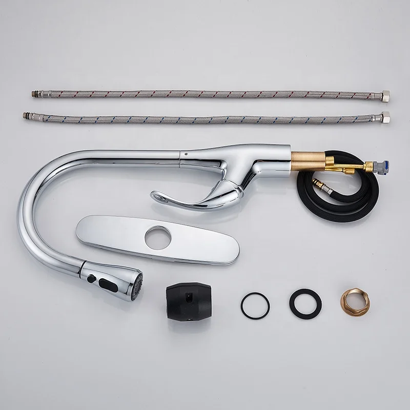 Wuhuang  modern Style Pull Out kitchen taps High Arc Spout Deck Mount Stainless Steel Kitchen Faucets with Sprayer