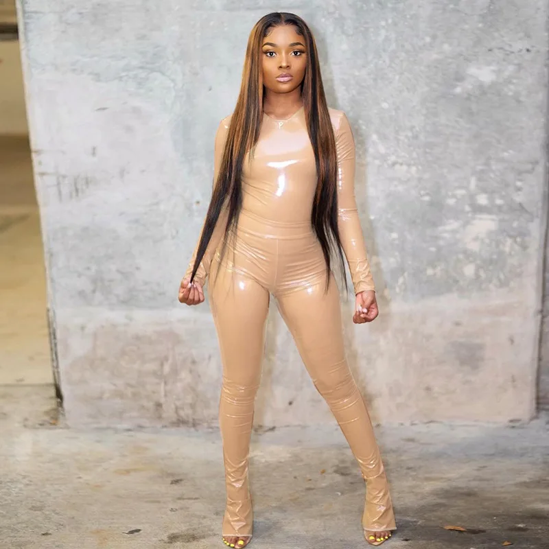 Skinny Jogging Gym Suit Sports Tracksuits For Women Pu Bright Flare Leather Pants Two Piece Pants Set Women