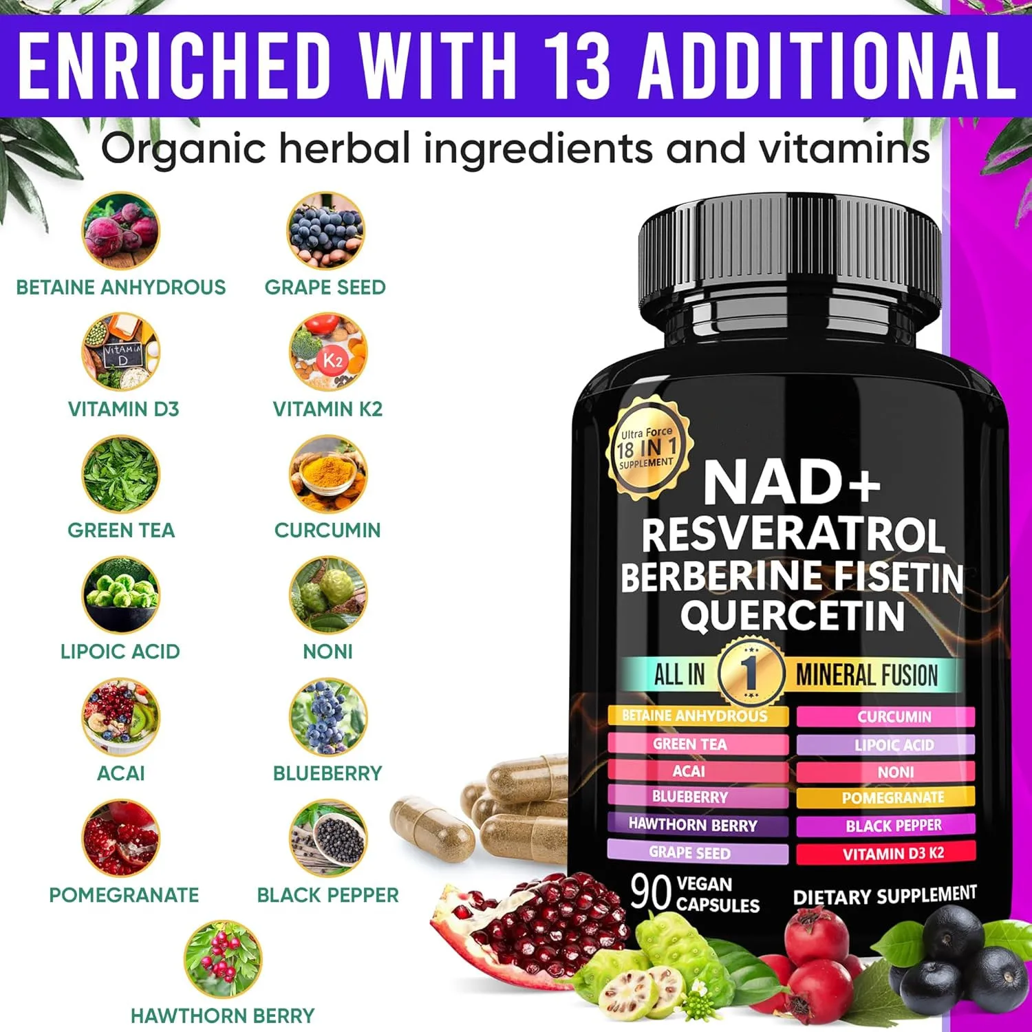 Vitahealthy private label factory 18 in 1 nad resveratrol berberine fisetin quercetin all in one mineral fusion NAD capsules