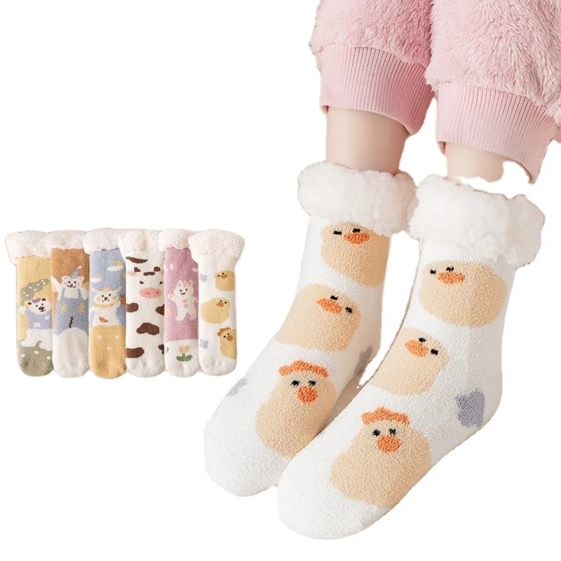 Coral Fleece Non-slip Floor Socks Fuzzy Slipper Socks Winter Thermal Colorful Fleece Lining Christmas Winter Terry Socks