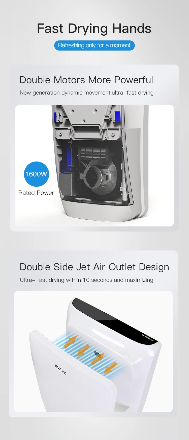 portable bathroom Commercial wall mounted Electric High Speed 1600W Super Power Automatic infrared sensor air jet Hand Dryer