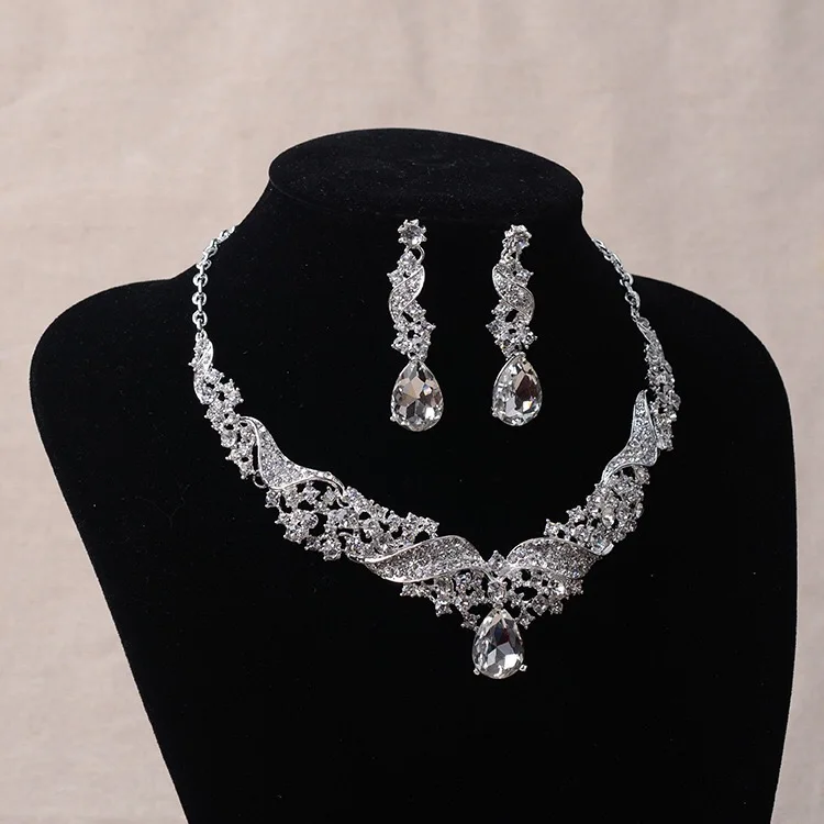 Elegance Shiny bride Dress lady  Diamond Necklaces Earrings Two piece Set