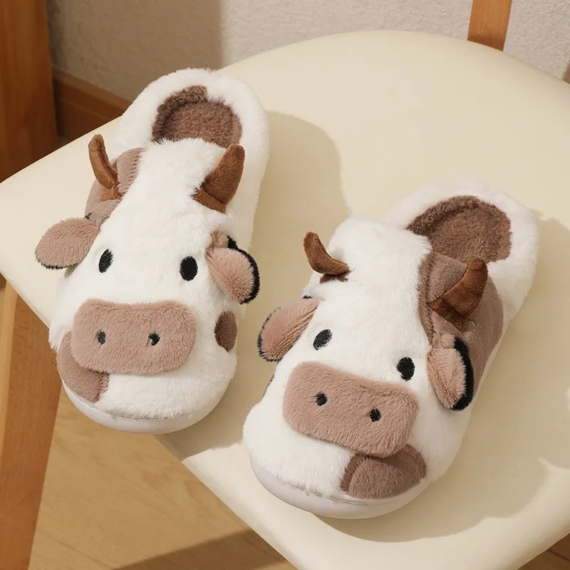 Wholesale plush furry winter home couple ladies fashion fur cartoon cow women slipper for women cute cartoon cow slides