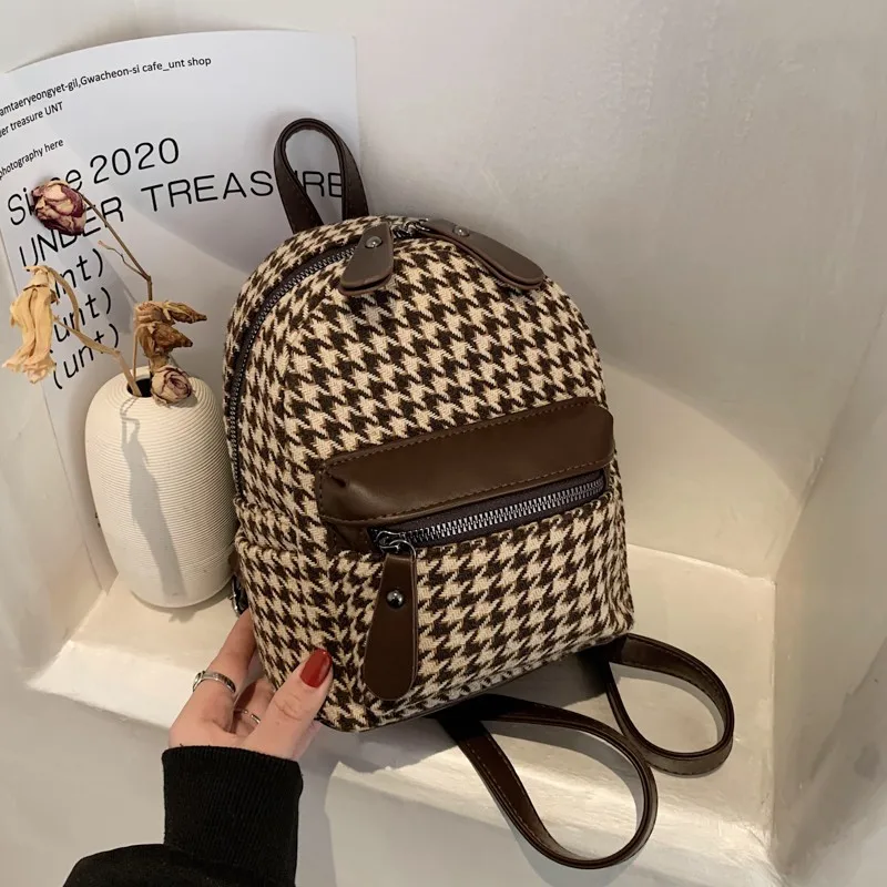 New Design Women Mini Backpack Luxury PU Leather Backpack Graceful Houndstooth Pattern Bagpack Small School Bags for Girls