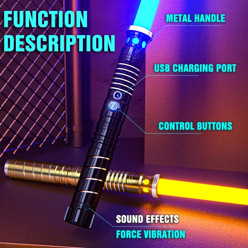 Lightsaber, laser, LED flash, toy sword, strap with 16 colors of lights and USB charging