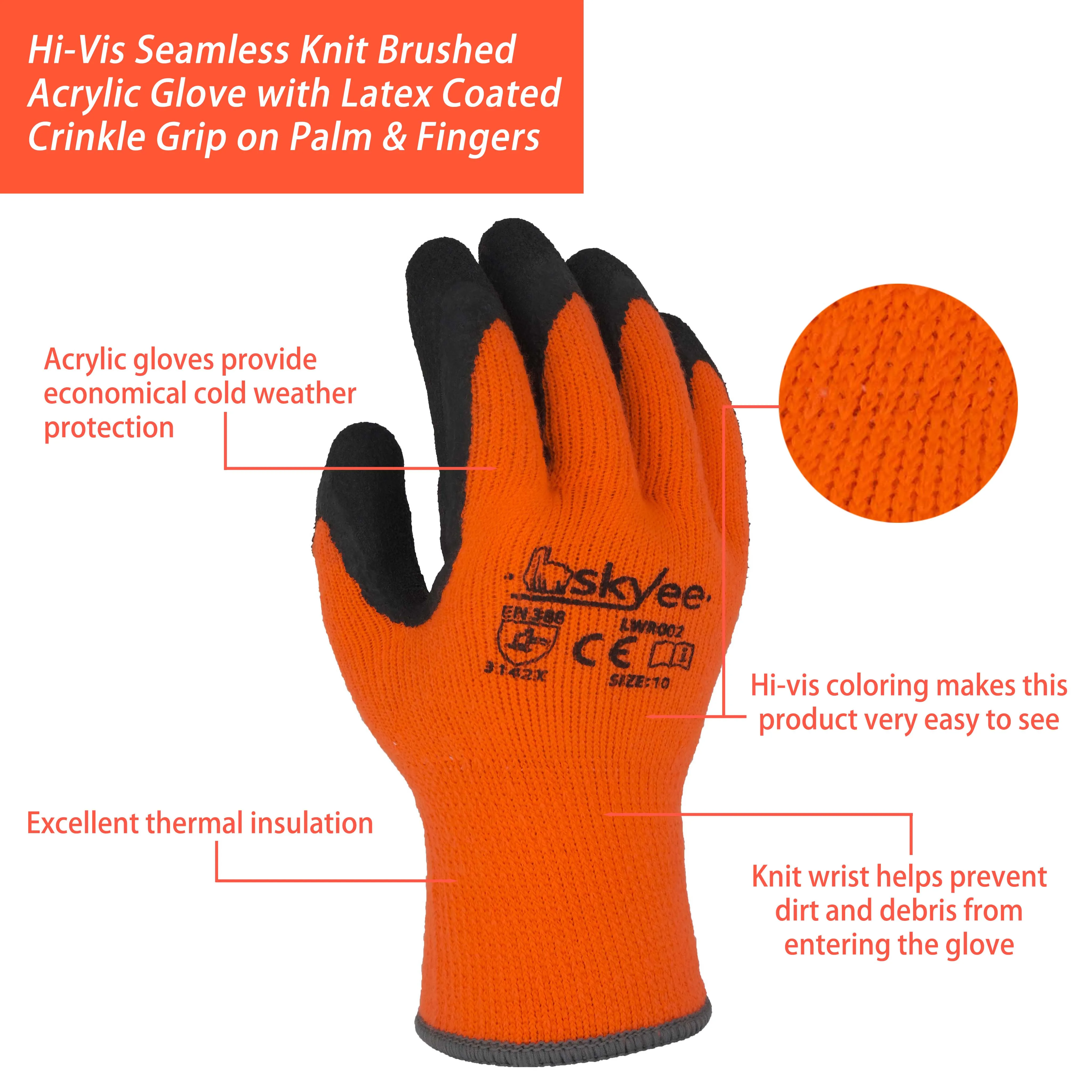 SKYEE 10g black crinkle latex polyester anti cold water proof nylon knitted plus velvet construction gloves for winter wear