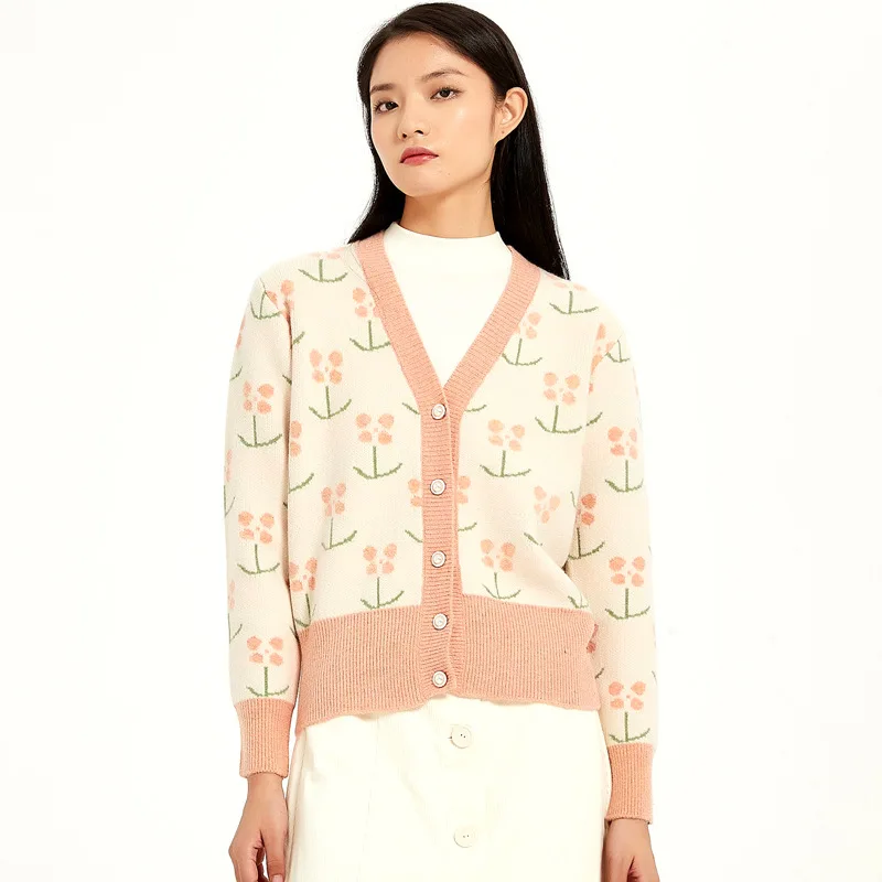 Custom V-neck Jacket Jacquard Base Slim Long Sleeve Oversized Knitwear Women Sweater Cardigan